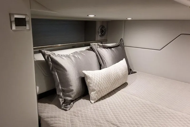  Yacht Photos Pics Luxurious interior cabin of 2026 Formula 430 Super Sport Crossover with elegant bedding.