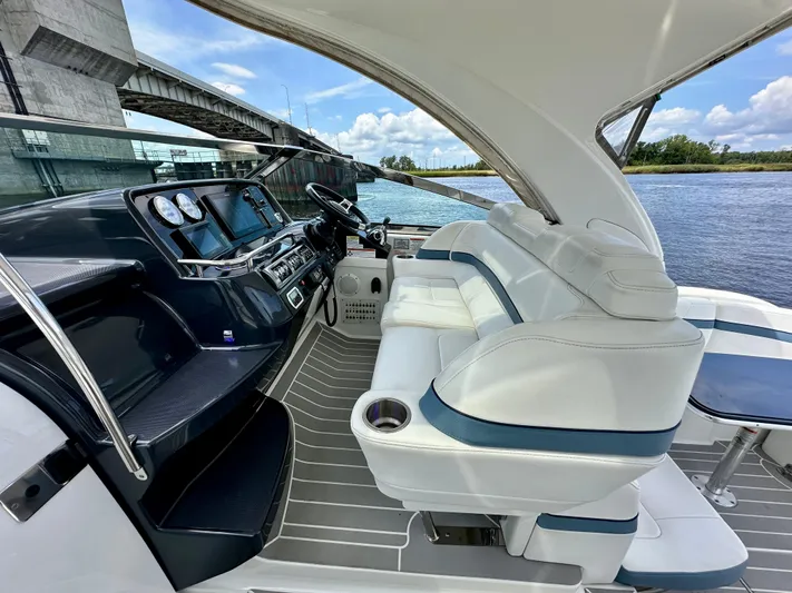 Brett Stancill Yacht Photos Pics 2019 Formula 40 Performance Cruiser cockpit with modern controls, white seating, and scenic waterway view.