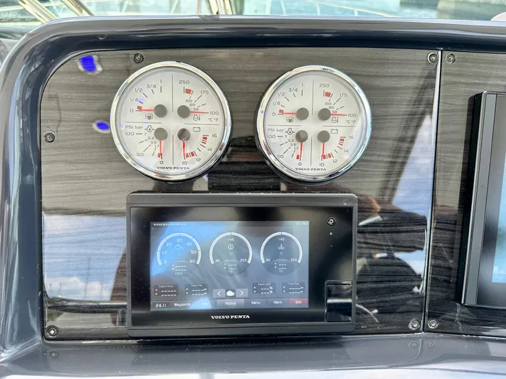 Brett Stancill Yacht Photos Pics Dashboard of a 2019 Formula 40 Performance Cruiser with gauges and Volvo Penta display.