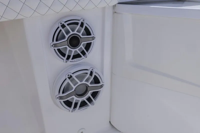  Yacht Photos Pics Dual speakers on a 2023 HCB 39 Speciale boat, featuring sleek white design.