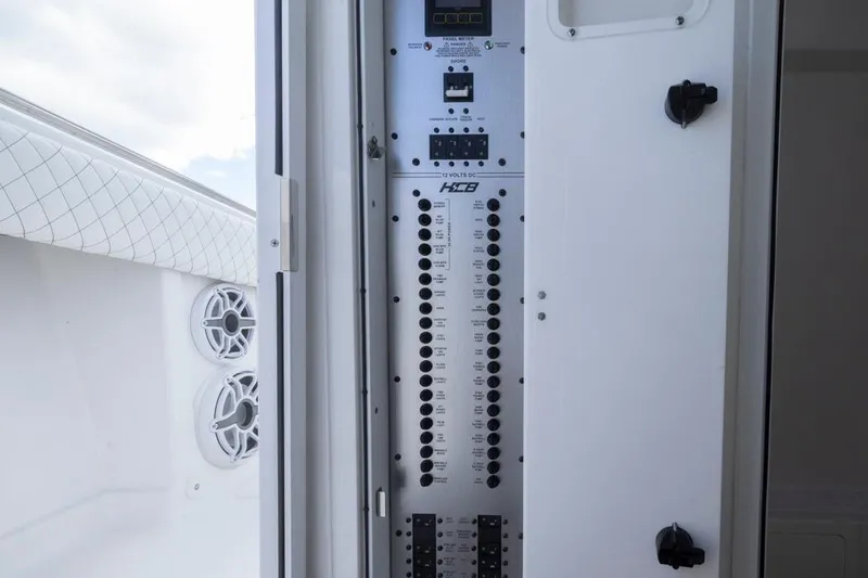  Yacht Photos Pics Electrical panel of 2023 HCB 39 Speciale boat, featuring control switches and speakers.