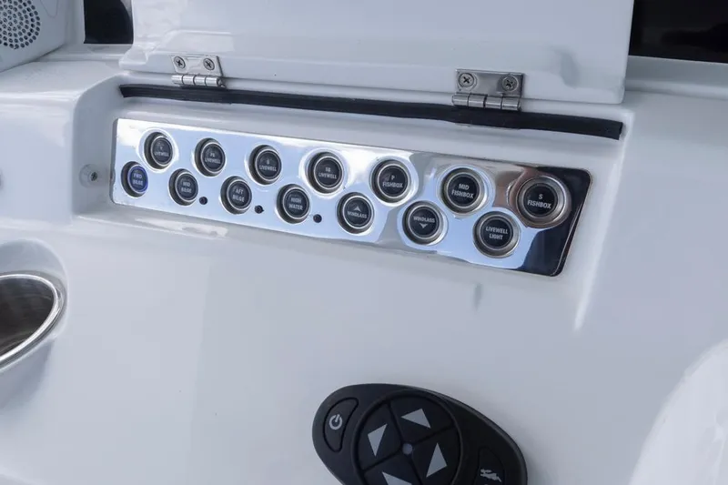  Yacht Photos Pics Control panel of 2023 HCB 39 Speciale boat with labeled buttons.