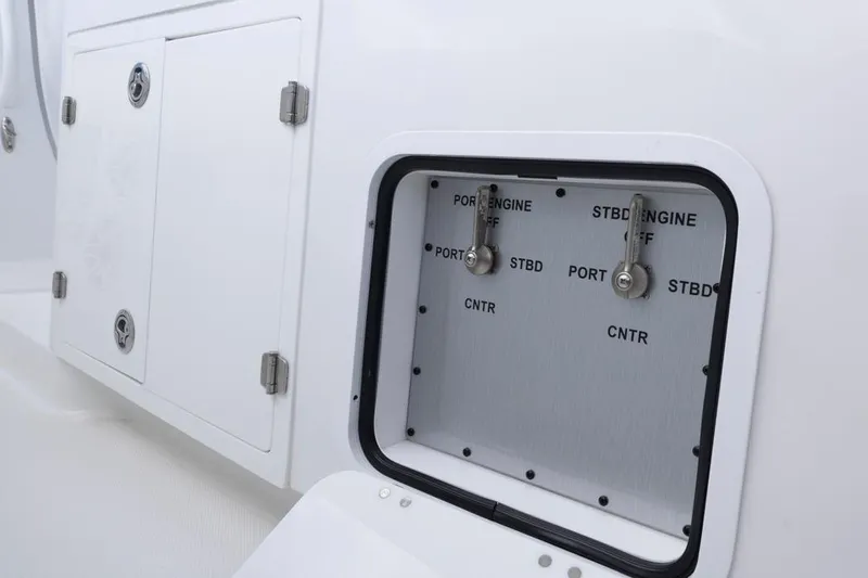  Yacht Photos Pics Control panel on 2023 HCB 39 Speciale boat, featuring labeled engine switches.