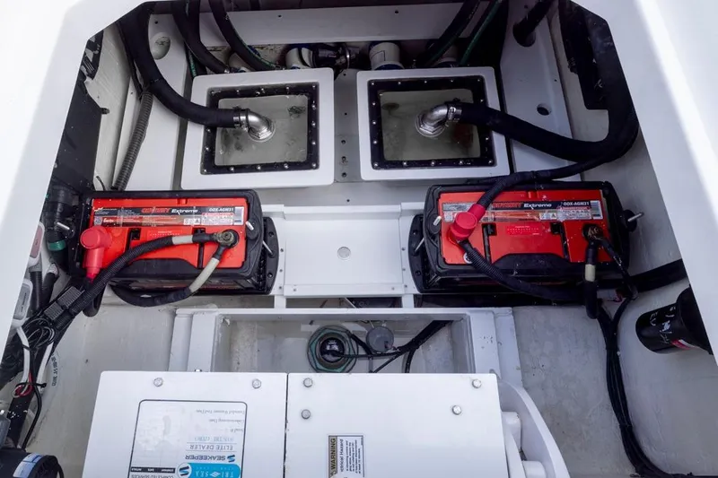  Yacht Photos Pics 2023 HCB 39 Speciale boat engine compartment with batteries and wiring.