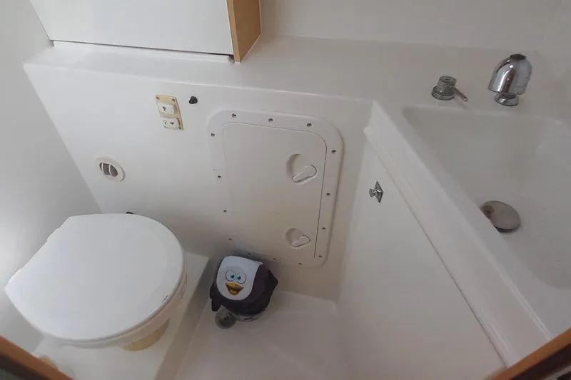 Benetnash II Yacht Photos Pics Bathroom interior of 2016 Lagoon 42 catamaran with toilet and sink.