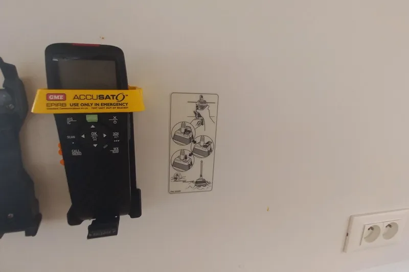 Benetnash II Yacht Photos Pics EPIRB device on Lagoon 42 yacht, 2016 model, with emergency instructions.