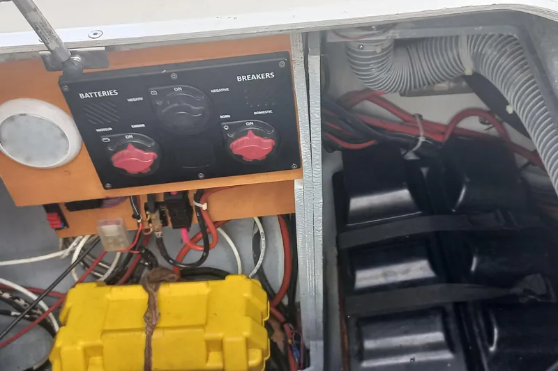 Benetnash II Yacht Photos Pics Electrical panel and battery compartment of a 2016 Lagoon 42 catamaran.