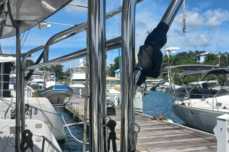 Benetnash II Yacht Photos Pics Marina view from a 2016 Lagoon 42 catamaran, showcasing docked boats and clear skies.