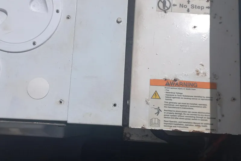 Benetnash II Yacht Photos Pics Warning label on a 2016 Lagoon 42 boat component, cautioning against hazards.