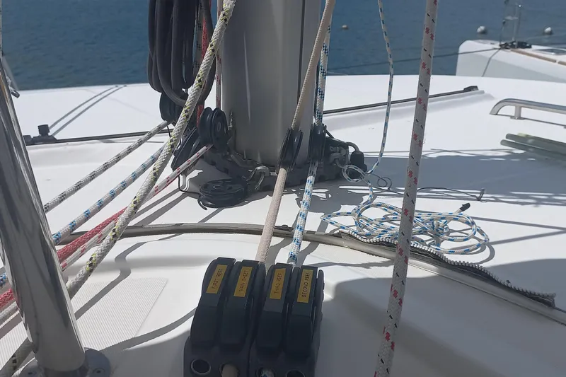 Benetnash II Yacht Photos Pics Sailing ropes and pulleys on a 2016 Lagoon 42 catamaran deck.