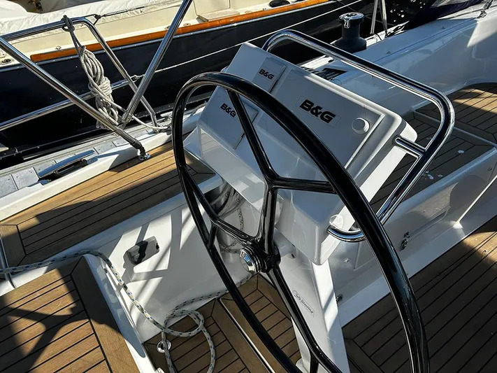 Alegrea III Yacht Photos Pics Hanse 455 yacht steering wheel, 2016 model, featuring B&G navigation system.