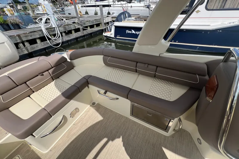  Yacht Photos Pics Luxurious seating on 2023 Chris-Craft Launch 28 GT boat at marina.