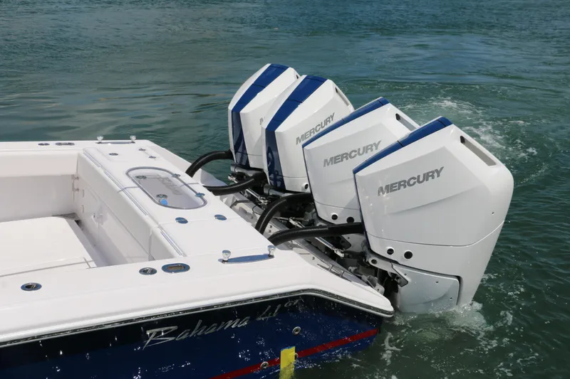  Yacht Photos Pics 2026 Bahama 41 GT boat with four Mercury outboard engines in water.