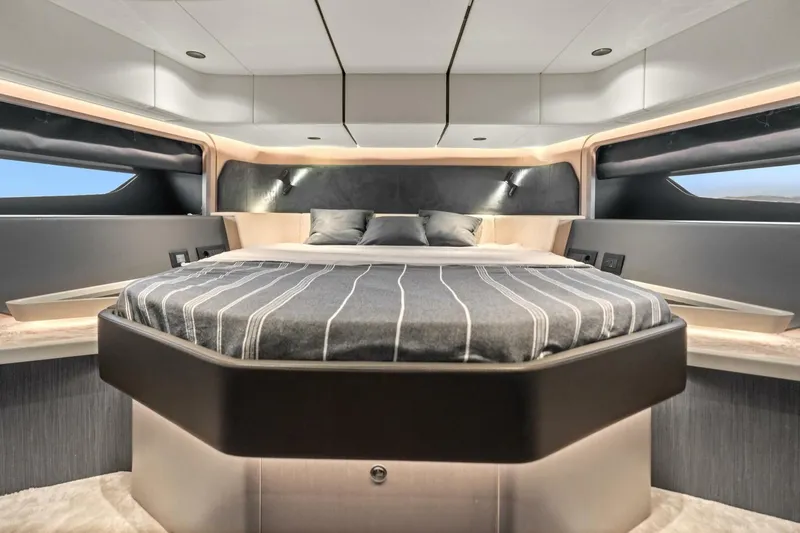  Yacht Photos Pics Luxurious bedroom interior of 2027 Canados Gladiator 571 Blade yacht.