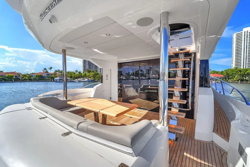 Rani Yacht Photos Pics Luxurious 2023 Sunseeker Manhattan 68 Pacific yacht deck with seating and scenic waterfront view.