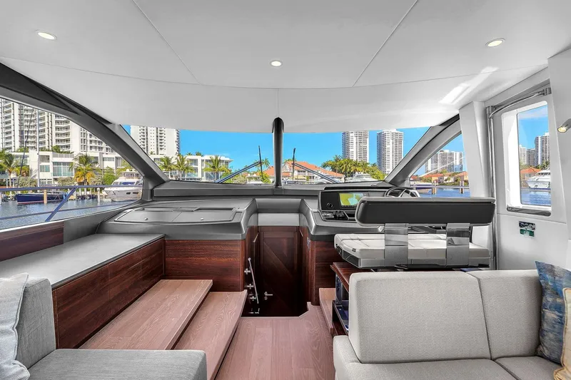 Rani Yacht Photos Pics Luxurious interior of 2023 Sunseeker Manhattan 68 Pacific yacht with modern helm and seating.