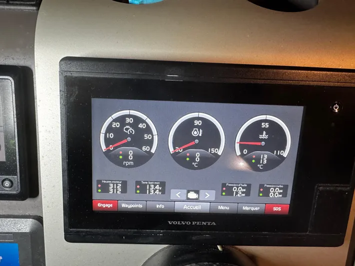  Yacht Photos Pics Dashboard of 2018 Fairline Targa 48 Open with Volvo Penta display showing engine metrics.