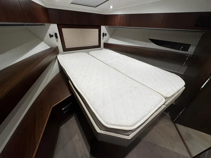  Yacht Photos Pics Luxurious cabin interior of 2018 Fairline Targa 48 Open yacht with double bed.