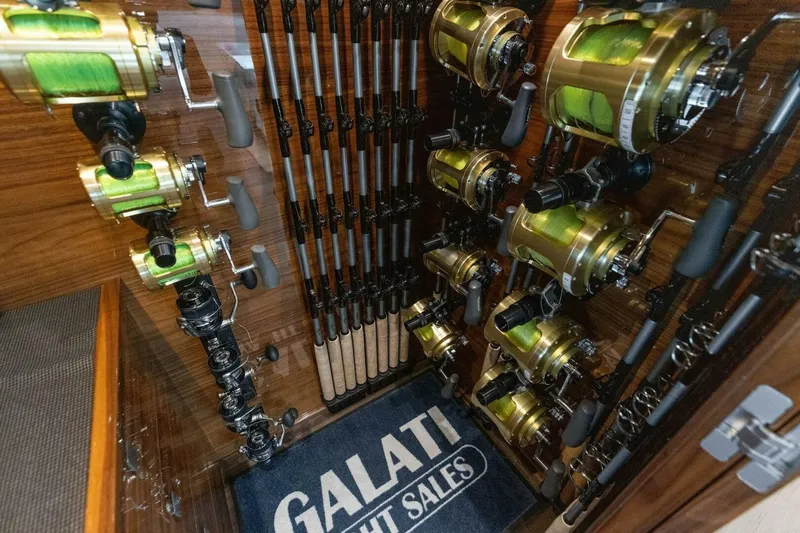 Team Harvey Yacht Photos Pics Fishing rods and reels storage on 2026 Viking 82 Convertible yacht.