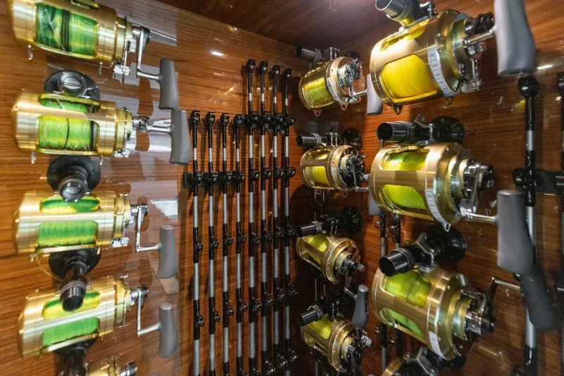 Team Harvey Yacht Photos Pics Fishing rods and reels storage on 2026 Viking 82 Convertible yacht.