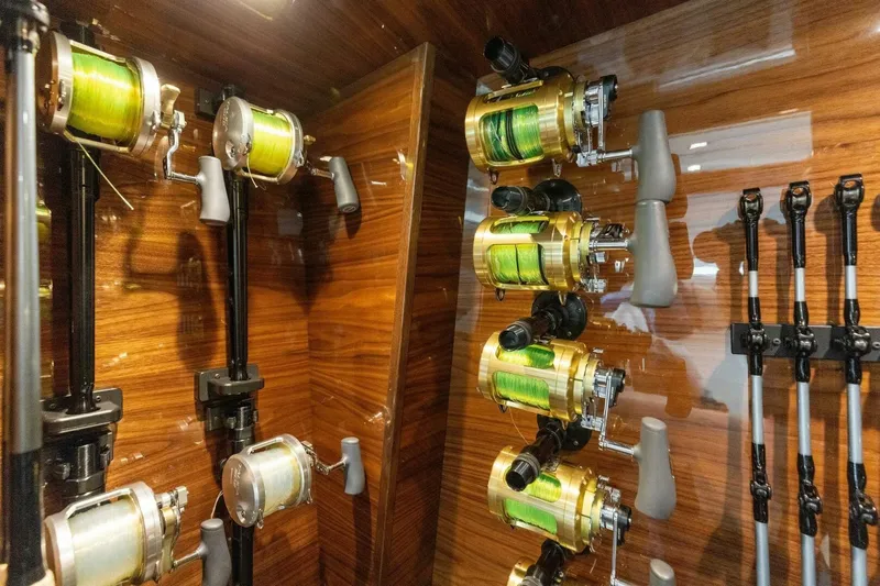Team Harvey Yacht Photos Pics Fishing rods and reels storage on 2026 Viking 82 Convertible yacht.