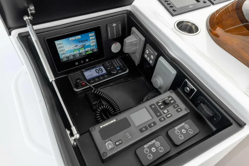 Team Harvey Yacht Photos Pics Control panel of 2026 Viking 82 Convertible yacht with advanced navigation systems.