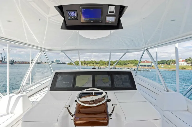 Team Harvey Yacht Photos Pics Helm of 2026 Viking 82 Convertible yacht with advanced navigation displays.