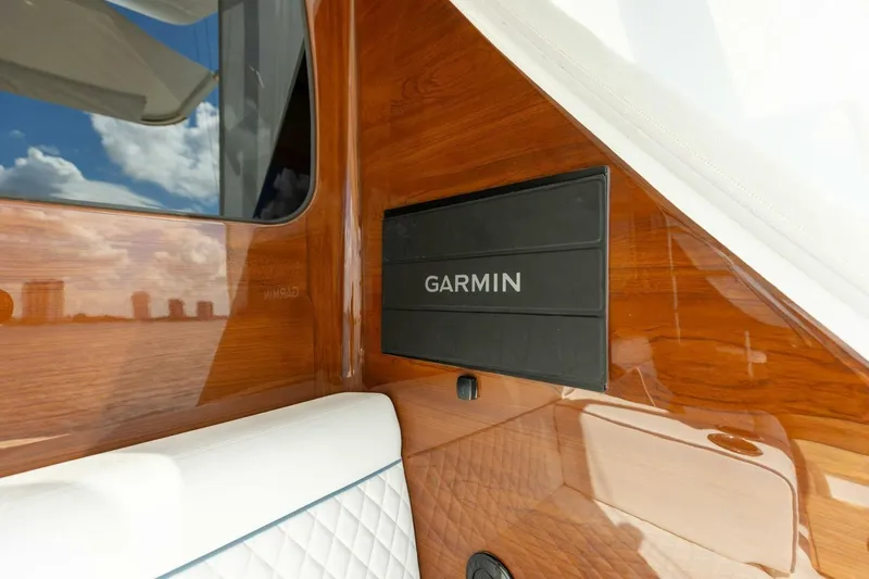 Team Harvey Yacht Photos Pics Interior of 2026 Viking 82 Convertible yacht with Garmin navigation system.