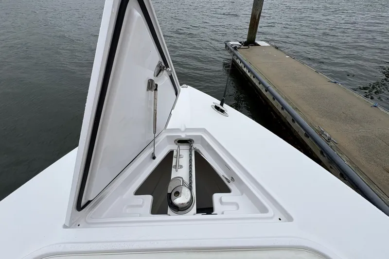 Changes In Lattitudes Yacht Photos Pics Open anchor hatch on 2023 Jupiter 30 boat at dockside.