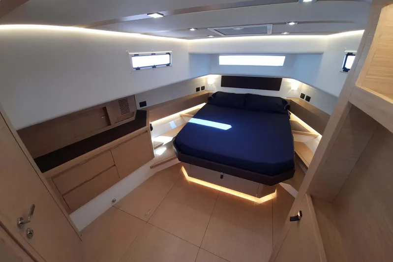 Ban Ban Yacht Photos Pics Luxurious interior cabin of 2023 Pardo Yachts P50 with modern design and ambient lighting.