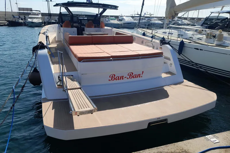 Ban Ban Yacht Photos Pics 2023 Pardo Yachts P50 docked, featuring spacious deck and luxurious seating.