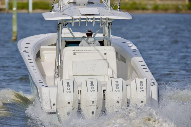  Yacht Photos Pics 2024 SeaVee 390Z boat with quad engines cruising on water.
