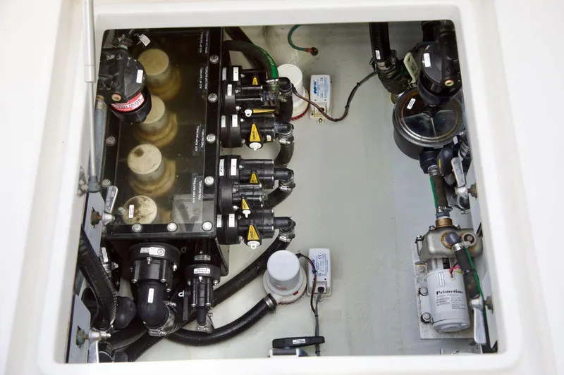  Yacht Photos Pics 2024 SeaVee 390Z engine compartment showcasing advanced mechanical components and systems.