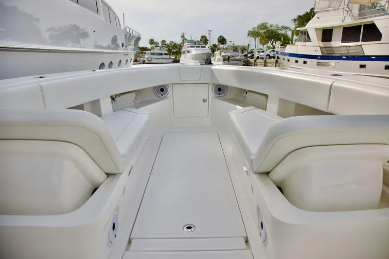  Yacht Photos Pics 2024 SeaVee 390Z boat interior with spacious seating and sleek design.