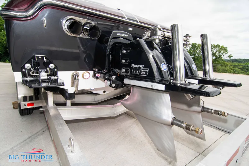  Yacht Photos Pics 2020 Donzi 38 ZRC boat on trailer, rear view with Mercury Racing engines.