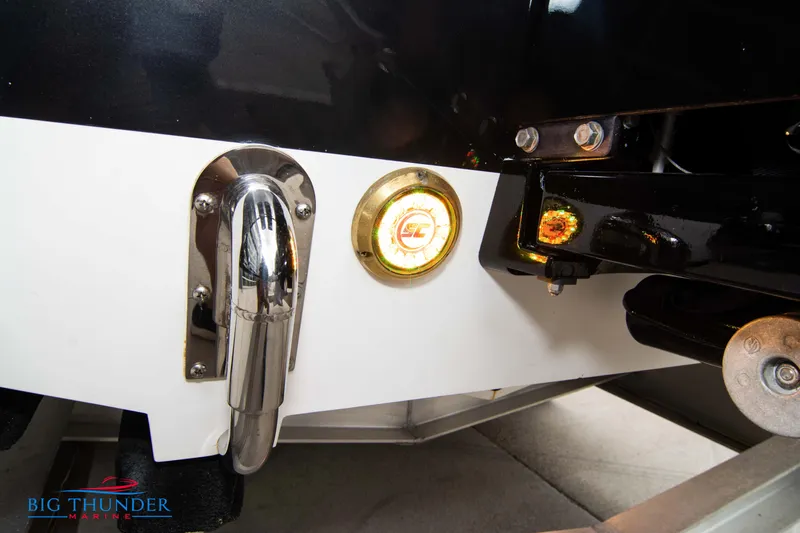  Yacht Photos Pics Close-up of the stern of a 2020 Donzi 38 ZRC boat showing hardware and fittings.