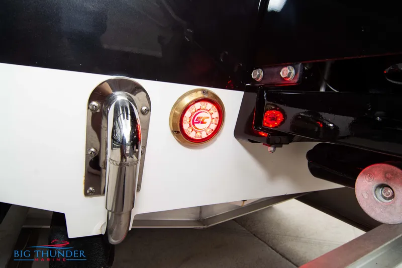  Yacht Photos Pics Close-up of 2020 Donzi 38 ZRC boat's rear section with Big Thunder Marine logo.
