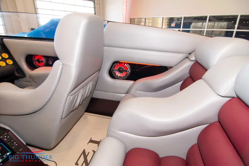  Yacht Photos Pics Interior of 2020 Donzi 38 ZRC boat with gray and red seating.