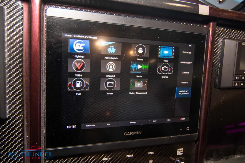  Yacht Photos Pics Garmin touchscreen display on 2020 Donzi 38 ZRC boat dashboard.