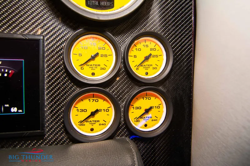  Yacht Photos Pics Close-up of 2020 Donzi 38 ZRC dashboard gauges and controls.