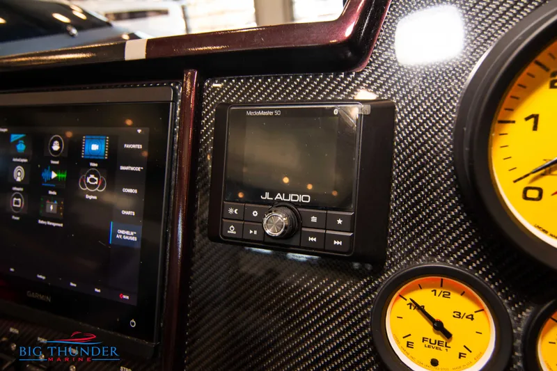  Yacht Photos Pics Dashboard of a 2020 Donzi 38 ZRC with JL Audio system and Garmin display.