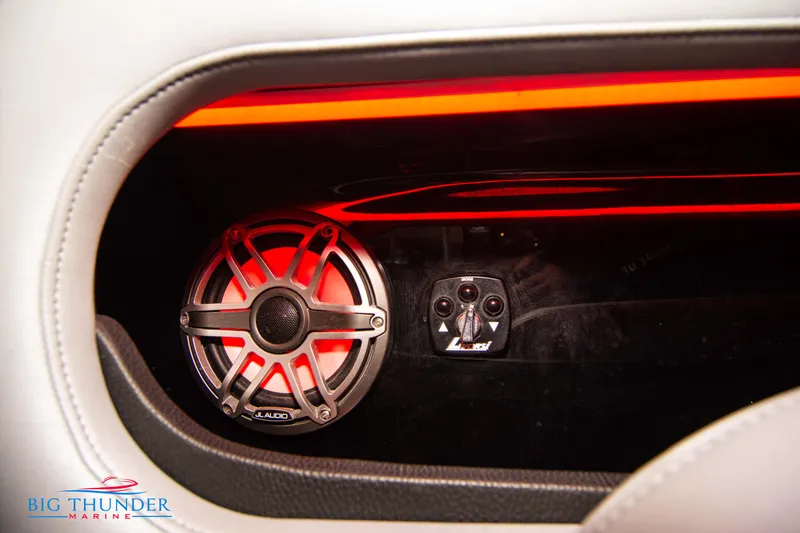  Yacht Photos Pics Close-up of 2020 Donzi 38 ZRC boat speaker system with red LED lighting.