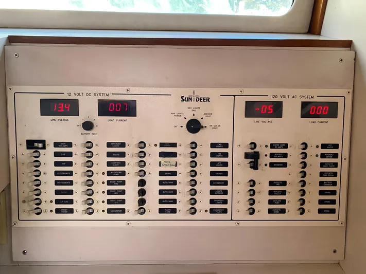 Foxy Yacht Photos Pics Electrical control panel of a 1995 Sundeer 56 yacht, featuring 12V and 110V systems.