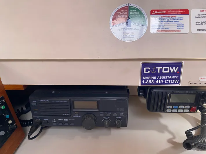 Foxy Yacht Photos Pics Marine radio equipment on a Sundeer 56 yacht, model year 1995, with C-Tow assistance sticker.