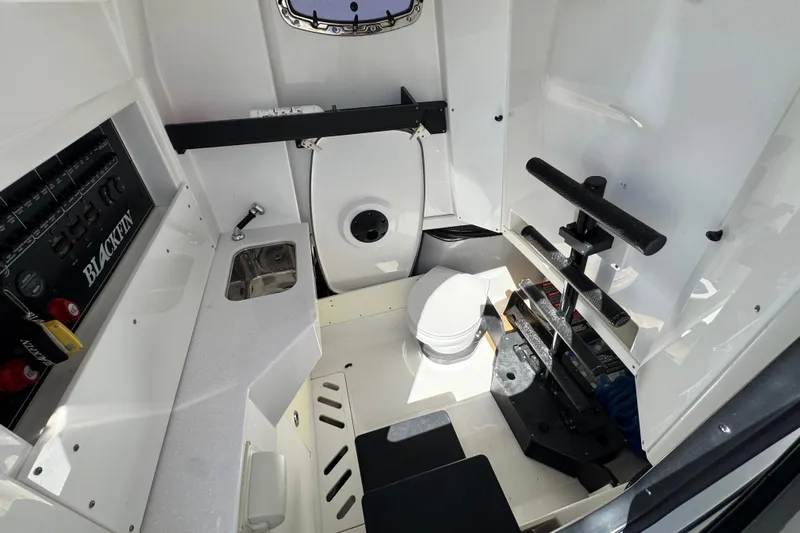  Yacht Photos Pics 2021 Blackfin 332 CC boat interior with sink, toilet, and storage area.