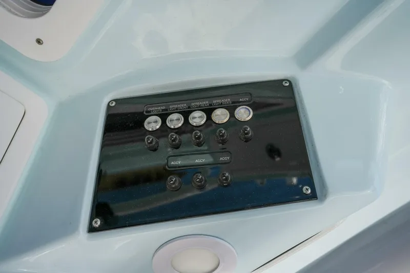  Yacht Photos Pics Control panel of 2022 Sea Fox 288 Commander boat with labeled switches.