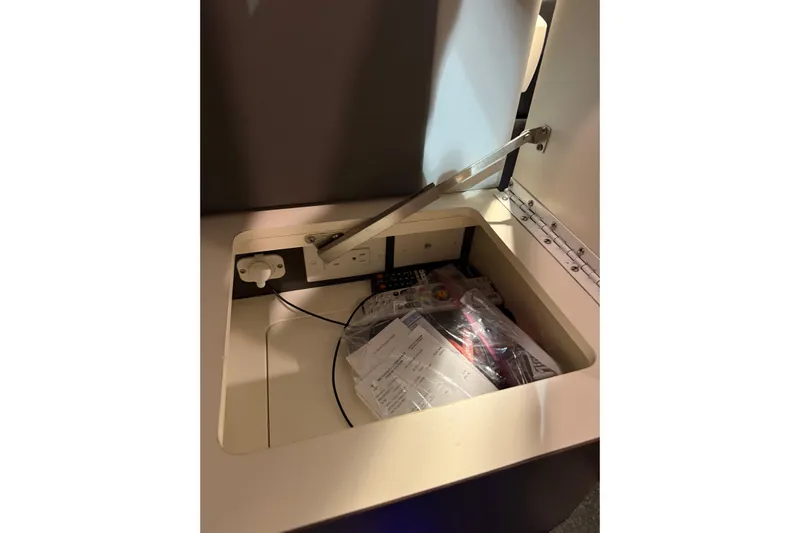  Yacht Photos Pics Storage compartment with electrical outlets in a 2018 Formula 400 Super Sport boat.