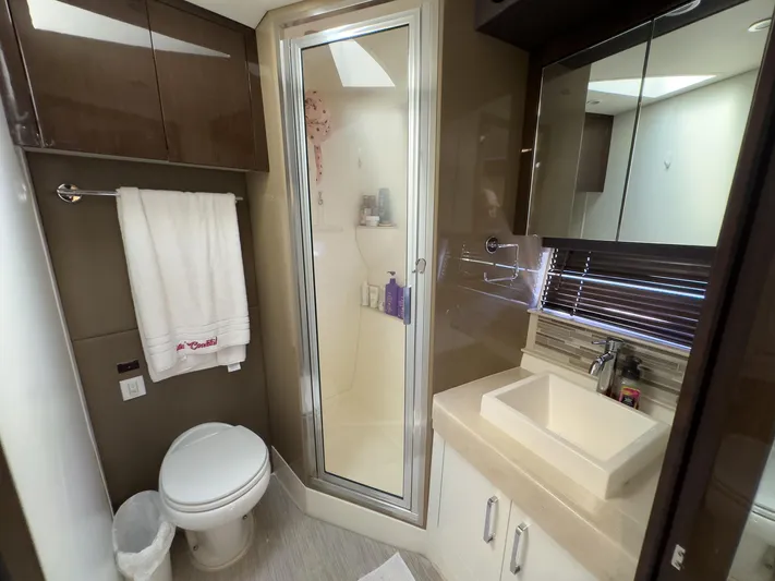 Going Coastal Yacht Photos Pics Modern bathroom in a 2019 Carver C43 Coupe with shower, sink, and toilet.