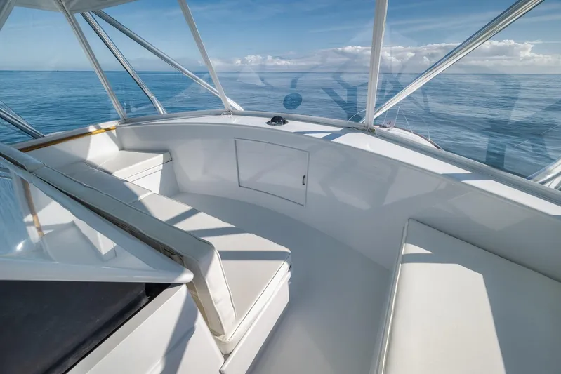 Rose Yacht Photos Pics 1998 Rybovich Convertible boat interior with white seating and ocean view.