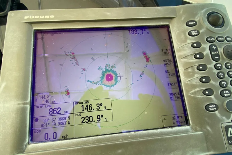 Island Time Yacht Photos Pics Furuno marine radar display on a 2000 Riviera 4000 boat, showing navigation data.